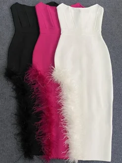 Robe De Soirée Femmes Décolletée Chic Plumes Sans Manches En Polyester Asymétrique Sexy