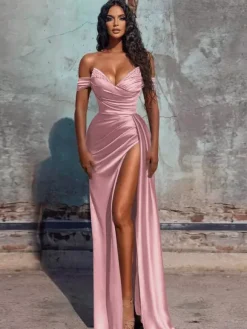 Robe de soirée fourreau col en V en tissu satiné longueur au sol robes de dîner formelles
