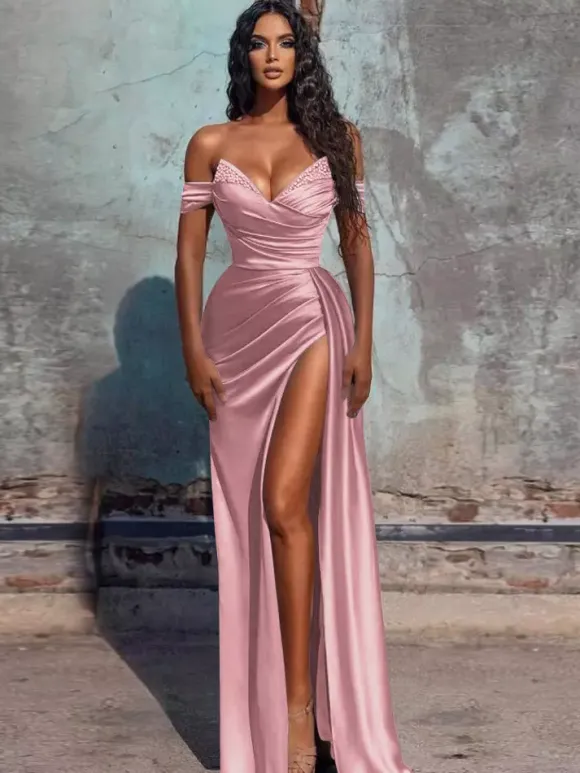 Robe de soirée fourreau col en V en tissu satiné longueur au sol robes de dîner formelles