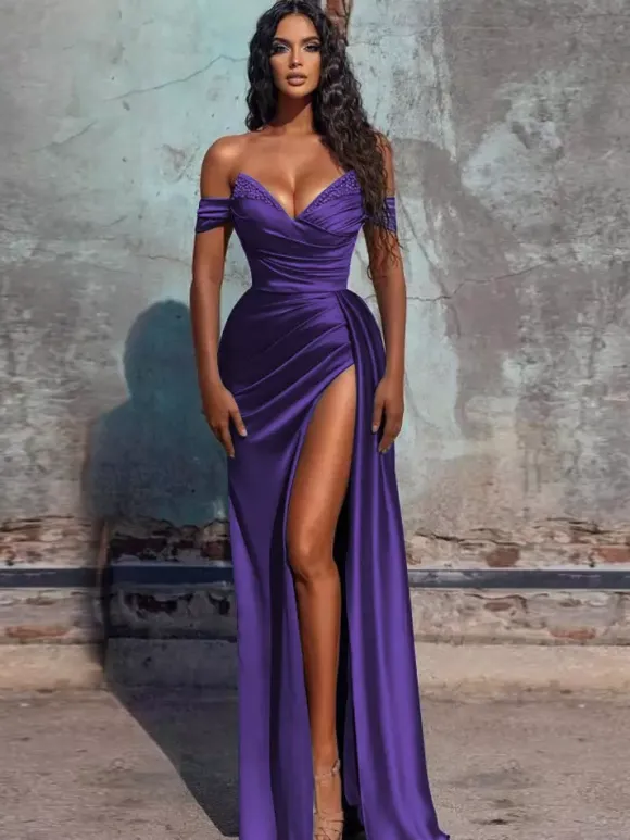 Robe de soirée fourreau col en V en tissu satiné longueur au sol robes de dîner formelles