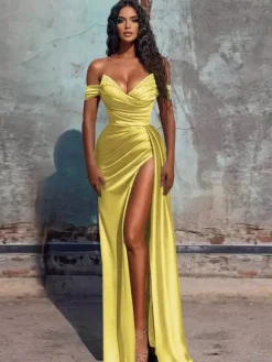 Robe de soirée fourreau col en V en tissu satiné longueur au sol robes de dîner formelles