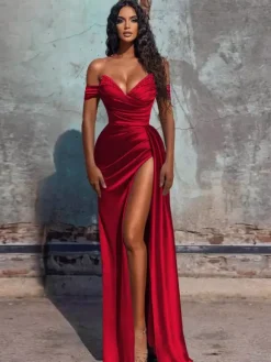 Robe de soirée fourreau col en V en tissu satiné longueur au sol robes de dîner formelles