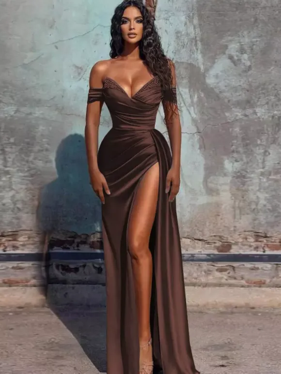 Robe de soirée fourreau col en V en tissu satiné longueur au sol robes de dîner formelles