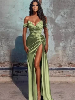Robe de soirée fourreau col en V en tissu satiné longueur au sol robes de dîner formelles