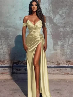 Robe de soirée fourreau col en V en tissu satiné longueur au sol robes de dîner formelles