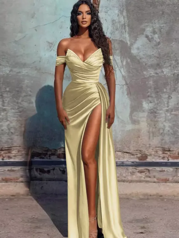 Robe de soirée fourreau col en V en tissu satiné longueur au sol robes de dîner formelles