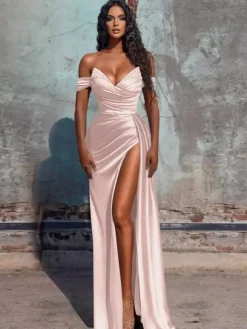 Robe de soirée fourreau col en V en tissu satiné longueur au sol robes de dîner formelles