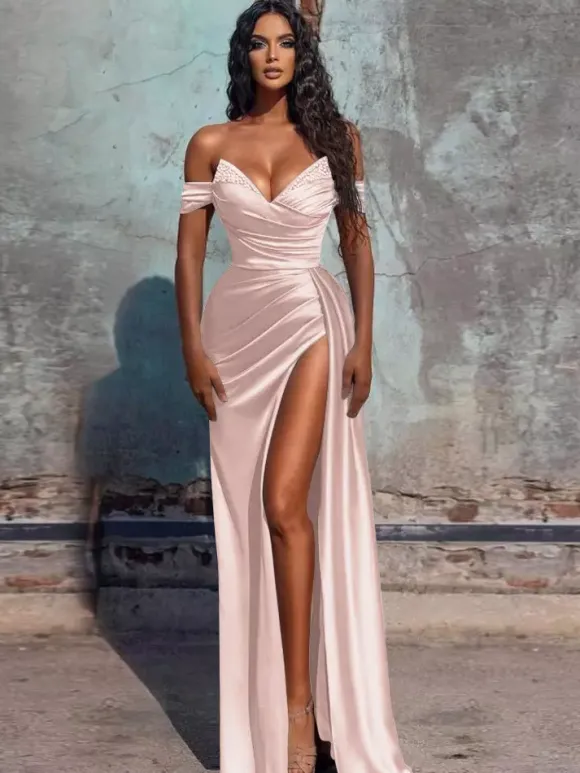 Robe de soirée fourreau col en V en tissu satiné longueur au sol robes de dîner formelles