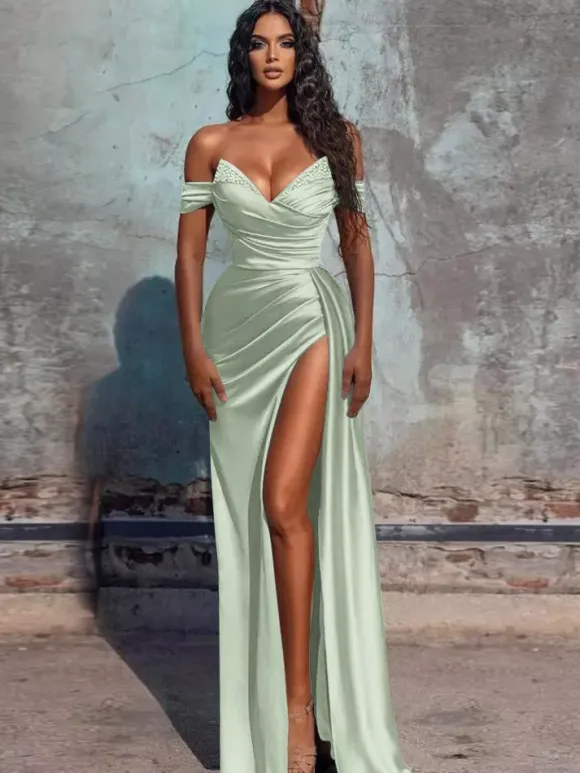 Robe de soirée fourreau col en V en tissu satiné longueur au sol robes de dîner formelles