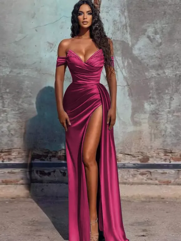 Robe de soirée fourreau col en V en tissu satiné longueur au sol robes de dîner formelles