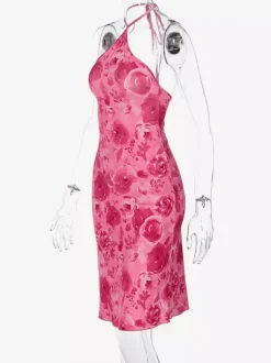 Robe de soirée imprimée rose sans manches dos nu