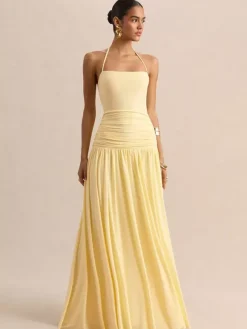 Robe de soirée jaune à bretelles col et manches courtes style semi-formel sexy