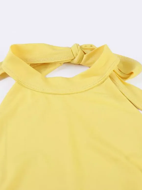 Robe de soirée jaune maxi dos nu sans manches à taille froncée longue et fluide