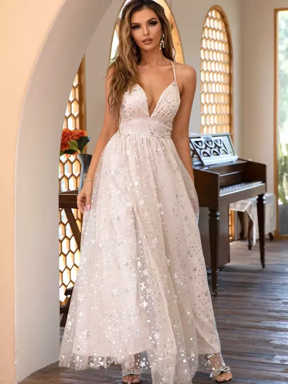 Robe de soirée longue avec décalcomanies en étoile col en V ligne A fente haute robe nuisette pour femme 2026