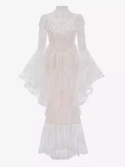Robe de soirée longue blanche à col montant manches longues en dentelle manches évasées style chic semi-formel