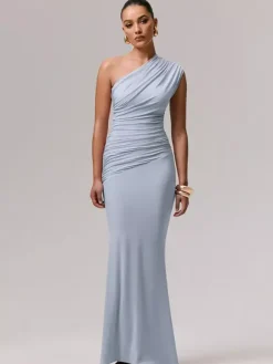 Robe de soirée longue bleue asymétrique sans manches sexy et semi-formelle