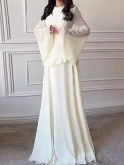 Robe de soirée longue bordeaux à col rond et lacets manches longues évasées style sexy