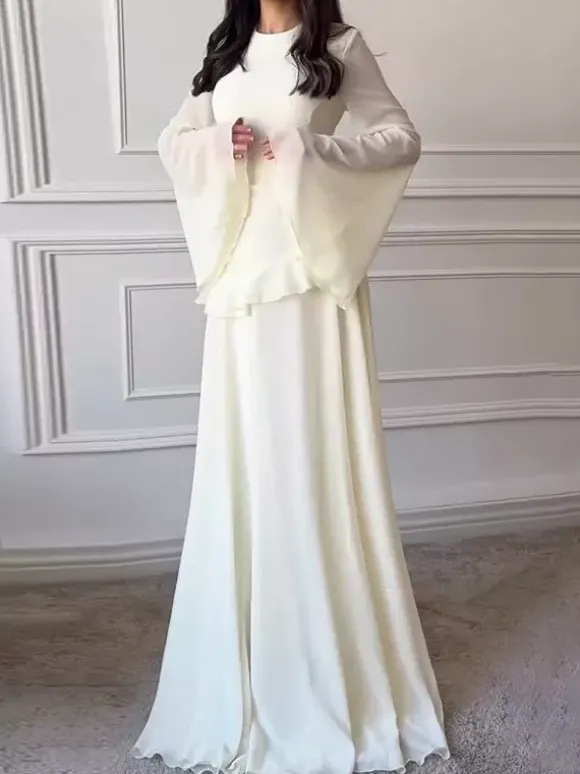 Robe de soirée longue bordeaux à col rond et lacets manches longues évasées style sexy