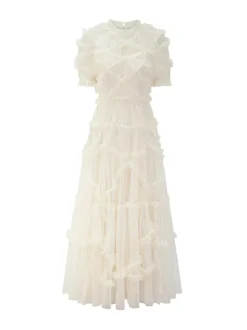 Robe De Soirée Longue Col Haut Volants Manches Courtes À Pois Robe Semi-Formelle