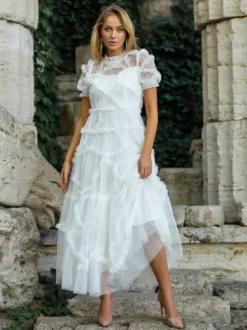 Robe De Soirée Longue Col Haut Volants Manches Courtes À Pois Robe Semi-Formelle