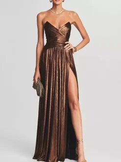 Robe de soirée longue dorée sans manches et dos nu sexy et semi-formelle