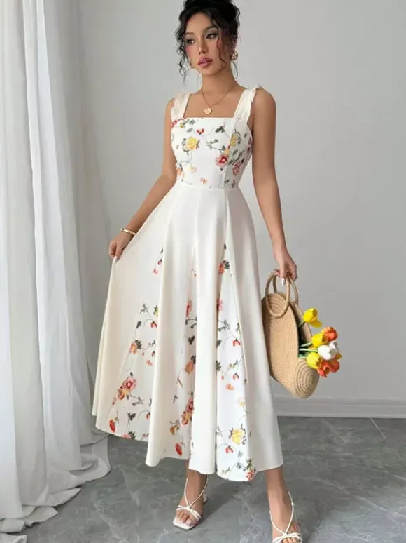 Robe de soirée longue dos nu à fleurs plissée sans manches à imprimé floral et col carré
