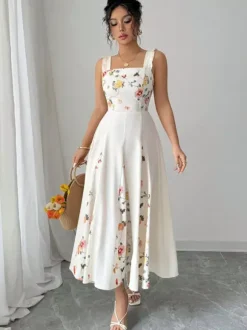 Robe de soirée longue dos nu à fleurs plissée sans manches à imprimé floral et col carré