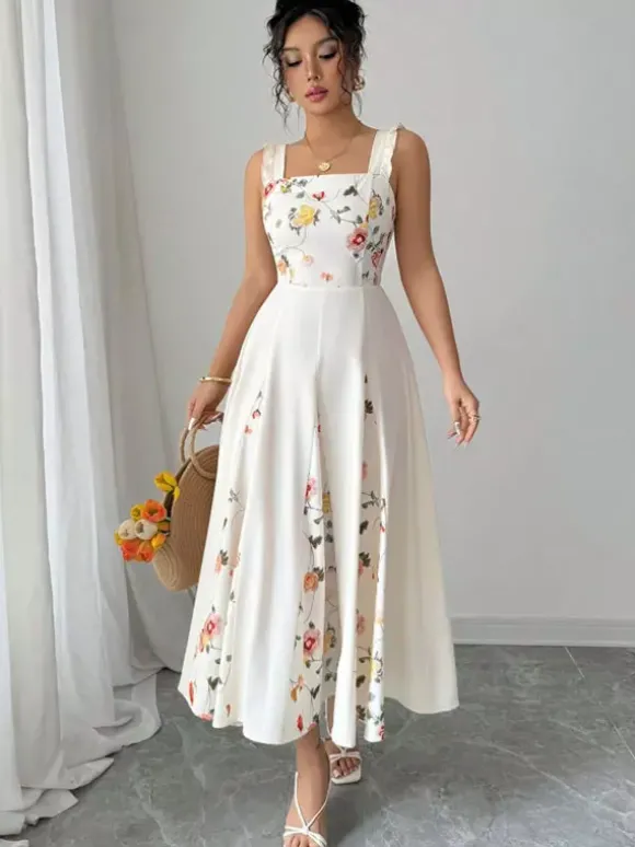 Robe de soirée longue dos nu à fleurs plissée sans manches à imprimé floral et col carré