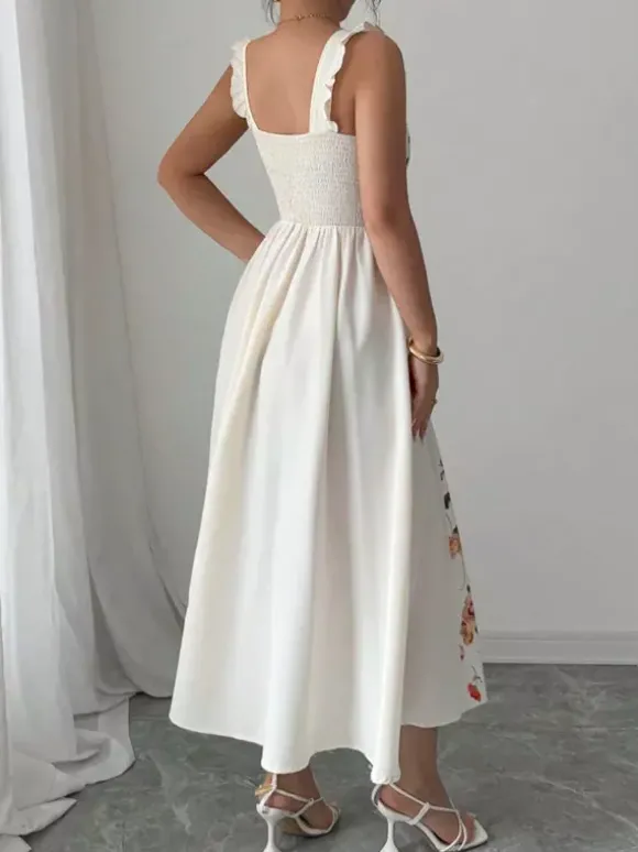 Robe de soirée longue dos nu à fleurs plissée sans manches à imprimé floral et col carré