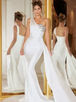 Robe de Soirée Longue en Satin avec Bretelle avec Epaule Dénudée Coupe Cintrée Unicolore Robe de Sirène