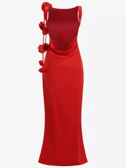 Robe de soirée longue élégante à rosettes pour femme - Robe moulante rouge en satin dos nu ornée de fleurs 3D - Bal de promo d'été 2026