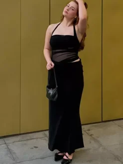 Robe de soirée longue marron café dos nu plissée sans manches style semi-formel