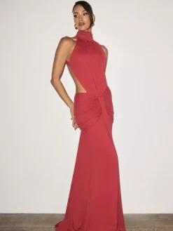 Robe de soirée longue marron café dos nu plissée sans manches chic et semi-formelle