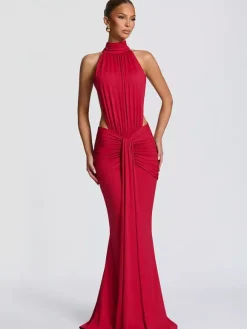 Robe de soirée longue marron café dos nu plissée sans manches chic et semi-formelle