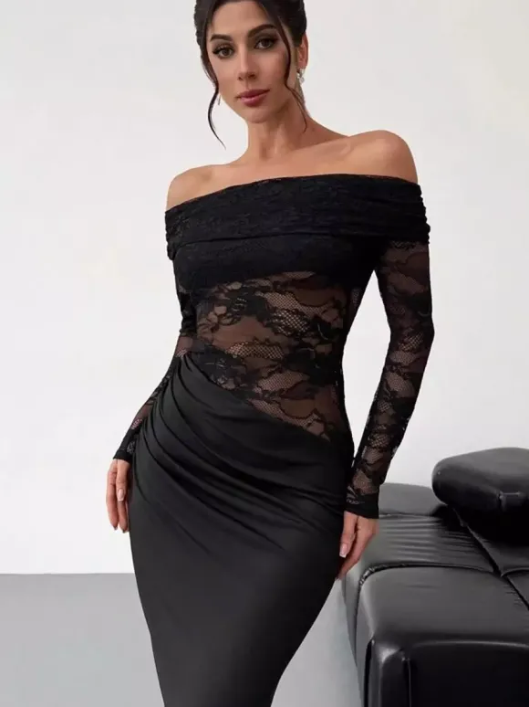 Robe de soirée longue marron café épaules dénudées dentelle manches longues coupe élégante semi-formelle