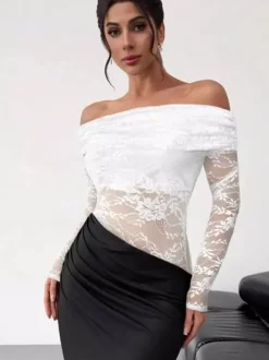Robe de soirée longue marron café épaules dénudées dentelle manches longues coupe élégante semi-formelle