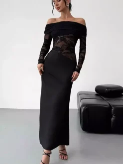 Robe de soirée longue marron café épaules dénudées dentelle manches longues coupe élégante semi-formelle