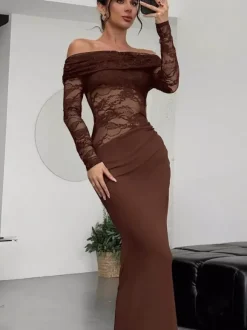 Robe de soirée longue marron café épaules dénudées dentelle manches longues coupe élégante semi-formelle