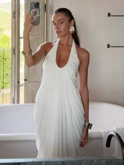 Robe de soirée longue plissée à décolleté plongeant et dos nu style fluide dos nu