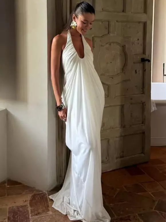 Robe de soirée longue plissée à décolleté plongeant et dos nu style fluide dos nu