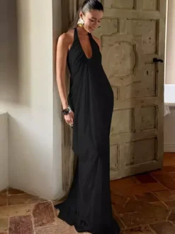 Robe de soirée longue plissée à décolleté plongeant et dos nu style fluide dos nu
