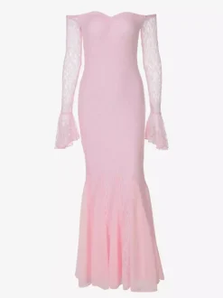 Robe de soirée longue rose à épaules dénudées en dentelle manches longues plissée chic et semi-formelle