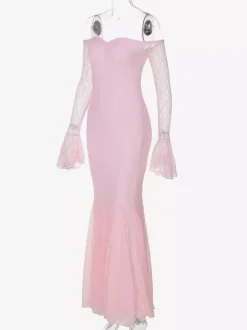 Robe de soirée longue rose à épaules dénudées en dentelle manches longues plissée chic et semi-formelle