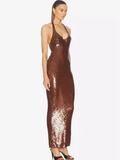 Robe de soirée longue à sequins scintillants pour femme - Robe moulante marron dos nu - Soirée de gala d'été 2026