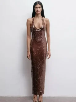 Robe de soirée longue à sequins scintillants pour femme - Robe moulante marron dos nu - Soirée de gala d'été 2026