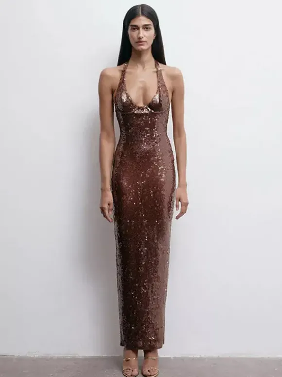 Robe de soirée longue à sequins scintillants pour femme - Robe moulante marron dos nu - Soirée de gala d'été 2026