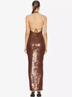 Robe de soirée longue à sequins scintillants pour femme - Robe moulante marron dos nu - Soirée de gala d'été 2026