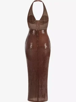Robe de soirée longue à sequins scintillants pour femme - Robe moulante marron dos nu - Soirée de gala d'été 2026