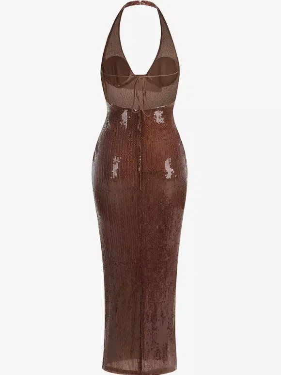 Robe de soirée longue à sequins scintillants pour femme - Robe moulante marron dos nu - Soirée de gala d'été 2026