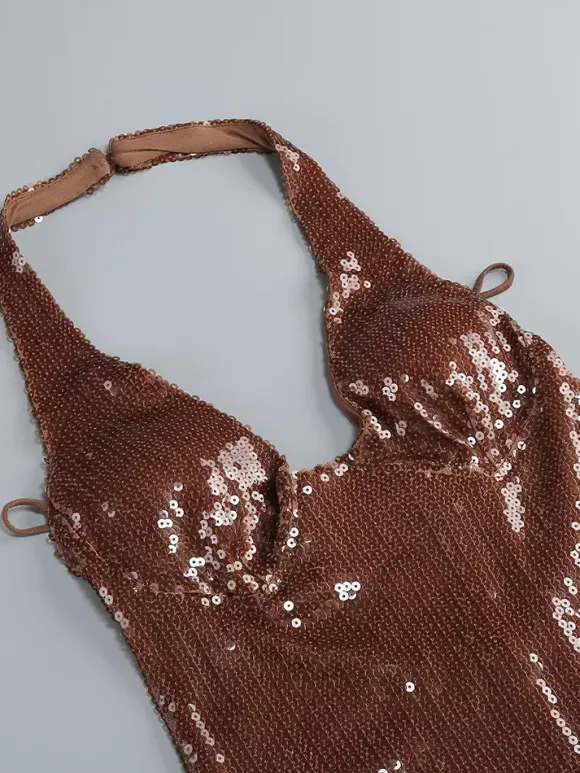 Robe de soirée longue à sequins scintillants pour femme - Robe moulante marron dos nu - Soirée de gala d'été 2026